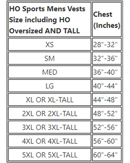 HO Sports Infinite Oversized Mens Nylon Life Vest Size Chart