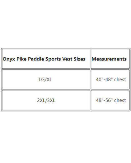 Onyx Pike Paddle Sports Nylon Vest USCGA Size Chart